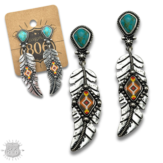 Silver feather on stone post earring