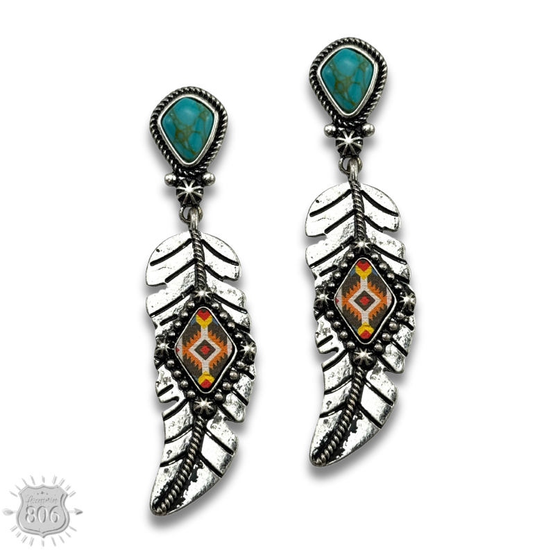 Silver feather on stone post earring