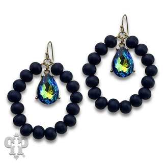 Round wood bead circle earring with rhinestone teardrop charm - LC