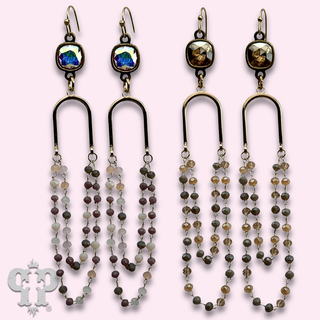 Linked bead mix and gold arch earring with crystals from Swarovski®