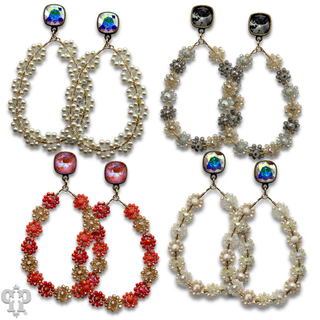 Bead woven flower teardrop earring, Austrian crystal - LC