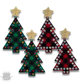 Rhinestone plaid Christmas tree earring