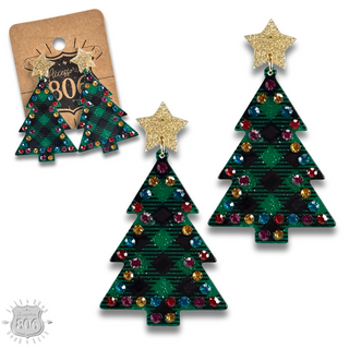 Rhinestone plaid Christmas tree earring