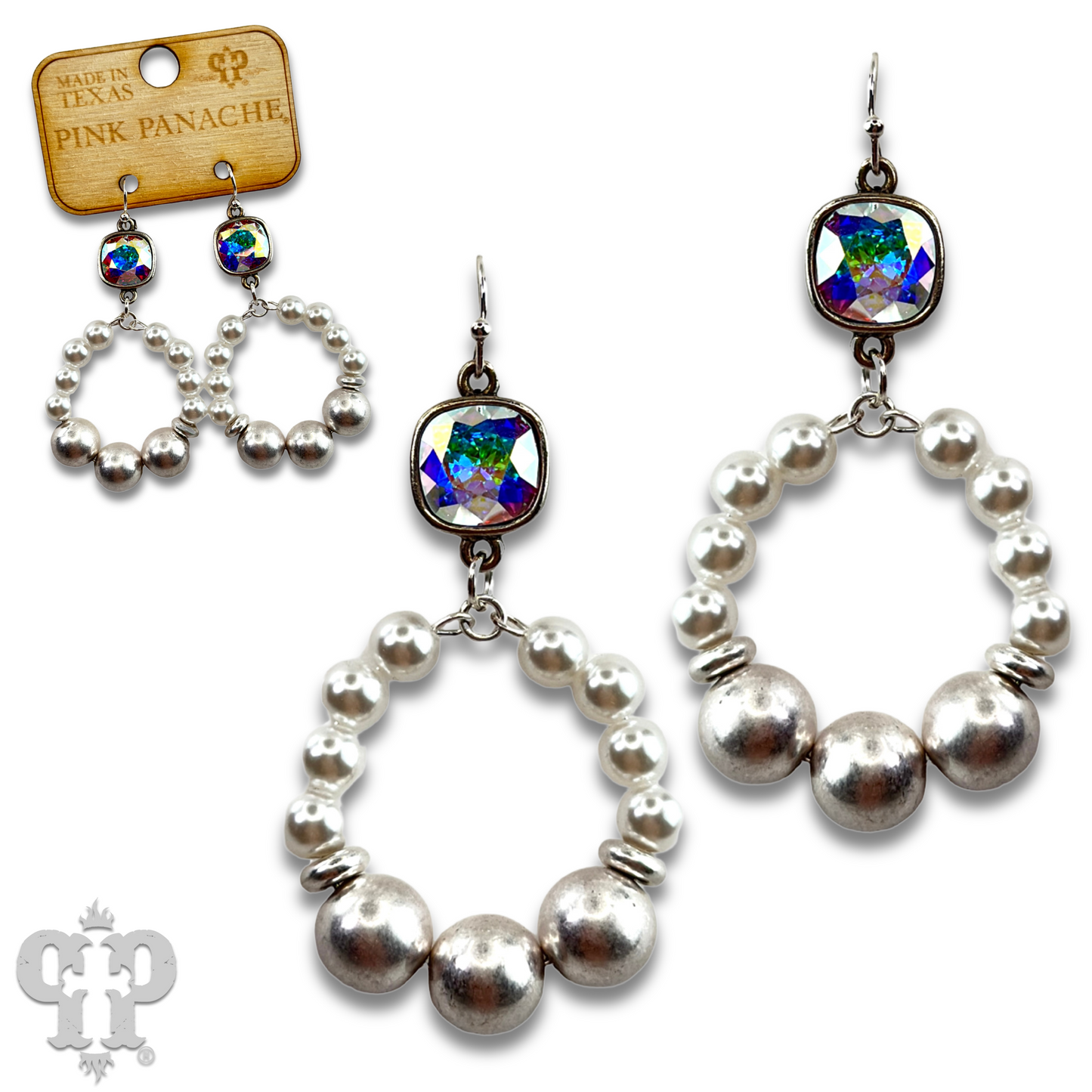 Pearl and matte metal bead earring with Austrian crystal