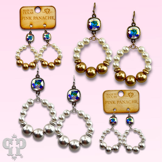 Pearl and matte metal bead earring with Austrian crystal