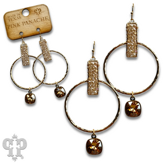 Twisted gold tone circle and seed bead earring with Austrian crystal