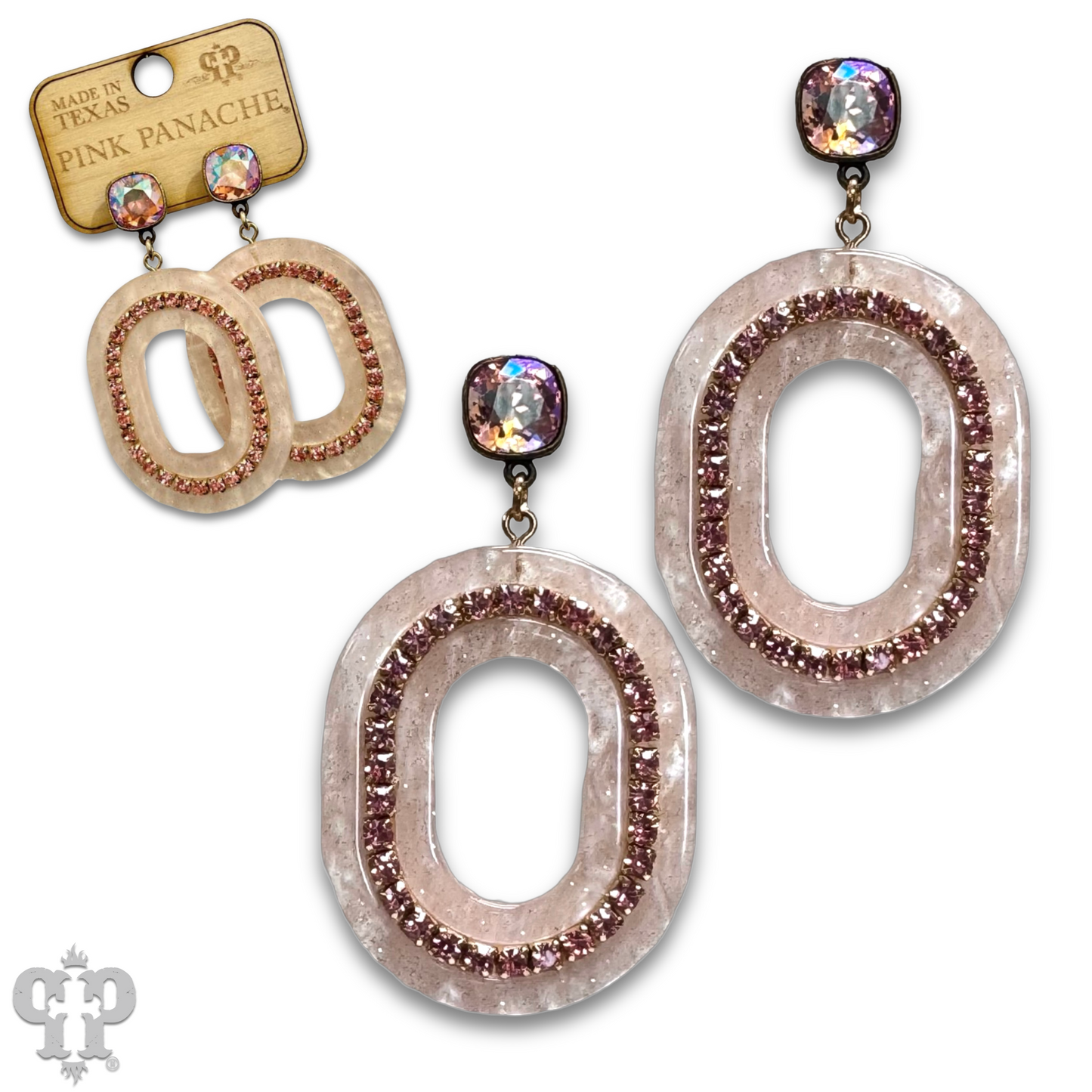Acrylic swirl and rhinestone oval earring with Austrian crystal