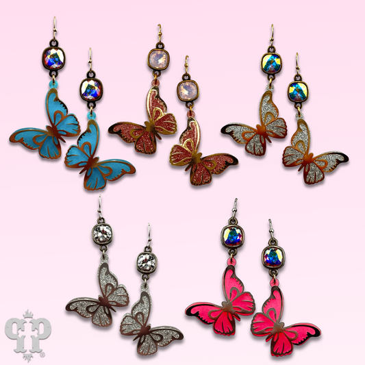 Glitter acrylic butterfly earring with Austrian crystal