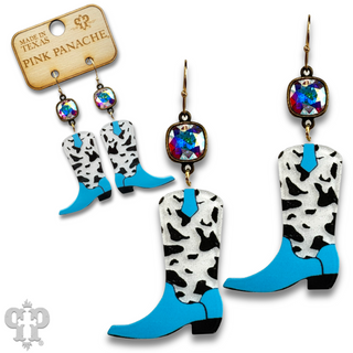 Cowprint cowboy boot earring with Austrian crystal