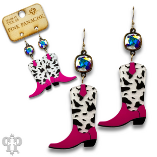 Cowprint cowboy boot earring with Austrian crystal