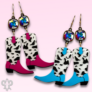 Cowprint cowboy boot earring with Austrian crystal