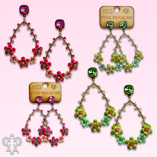 Flower bead wrapped teardrop earring with Austrian crystal