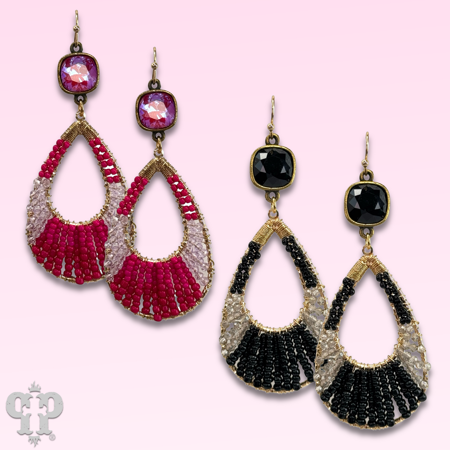 Seed bead teardrop earring with an Austrian crystal