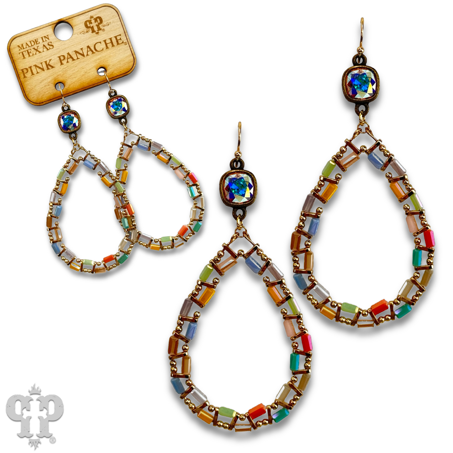 Iridescent finish bead teardrop earring with Austrian crystal