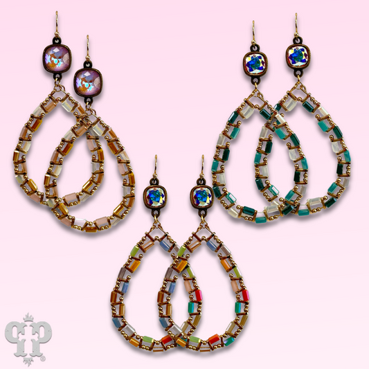 Iridescent finish bead teardrop earring with Austrian crystal