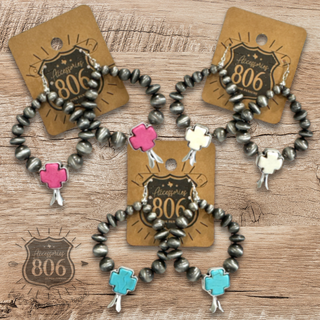 Burnished silver and stone cross earring