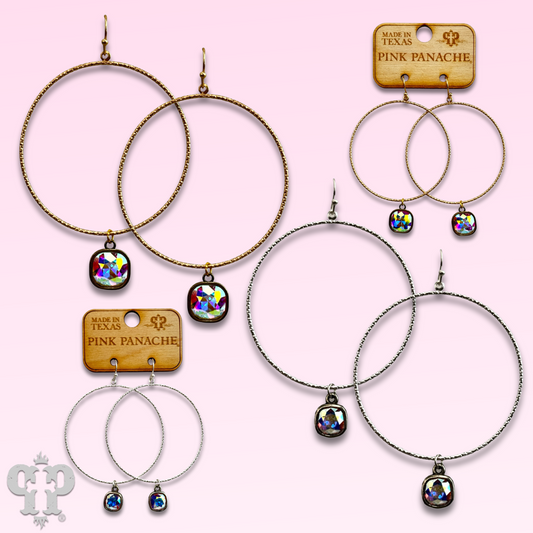 Large textured circle earring with Austrian crystal