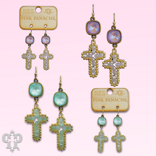 Wire wrapped bead cross earring with Austrian crystal