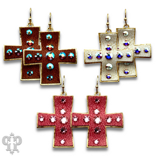 Leather cross earring with Austrian crystals