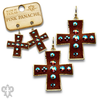 Leather cross earring with Austrian crystals