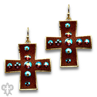 Leather cross earring with Austrian crystals