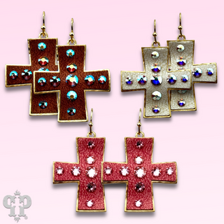 Leather cross earring with Austrian crystals