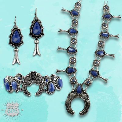 Western concho squash blossom necklace with denim natural stones