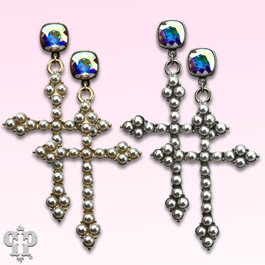 Pearl studded cross earring with Austrian crystal
