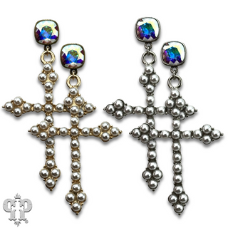 Pearl studded cross earring with Austrian crystal
