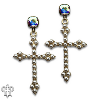 Pearl studded cross earring with Austrian crystal