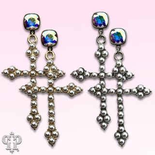 Pearl studded cross earring with Austrian crystal
