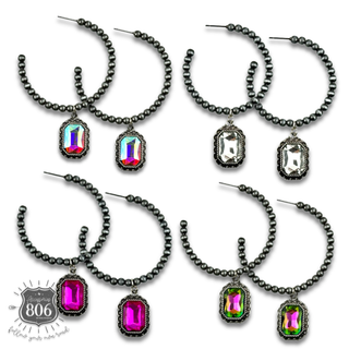 Navajo style bead hoop earring, octagon rhinestone charm