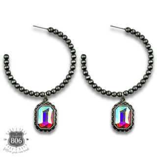 Navajo style bead hoop earring, octagon rhinestone charm