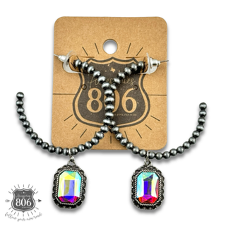 Navajo style bead hoop earring, octagon rhinestone charm