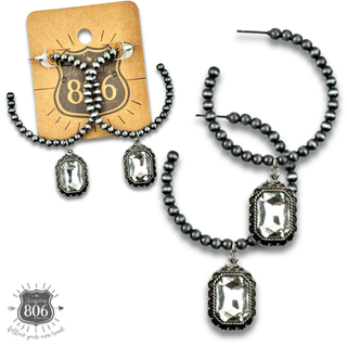 Navajo style bead hoop earring, octagon rhinestone charm