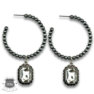 Navajo style bead hoop earring, octagon rhinestone charm