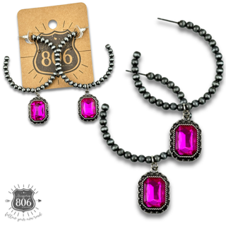 Navajo style bead hoop earring, octagon rhinestone charm