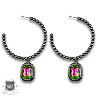 Navajo style bead hoop earring, octagon rhinestone charm