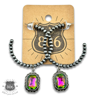 Navajo style bead hoop earring, octagon rhinestone charm