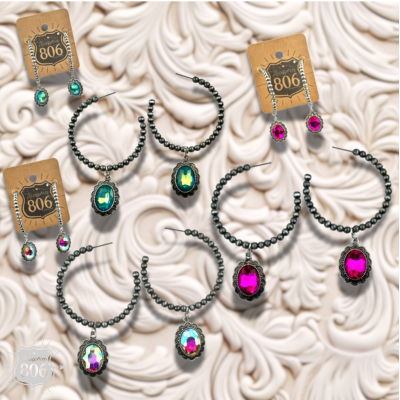 Navajo style bead hoop earring, oval rhinestone charm