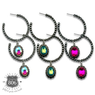 Navajo style bead hoop earring, oval rhinestone charm