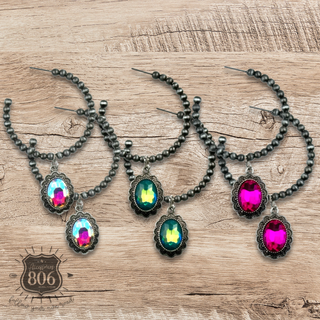 Navajo style bead hoop earring, oval rhinestone charm