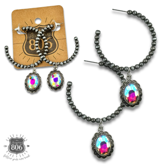 Navajo style bead hoop earring, oval rhinestone charm