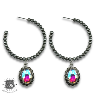 Navajo style bead hoop earring, oval rhinestone charm