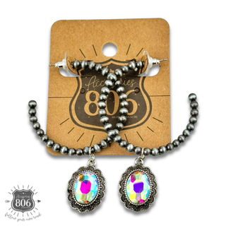 Navajo style bead hoop earring, oval rhinestone charm
