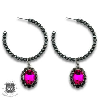Navajo style bead hoop earring, oval rhinestone charm