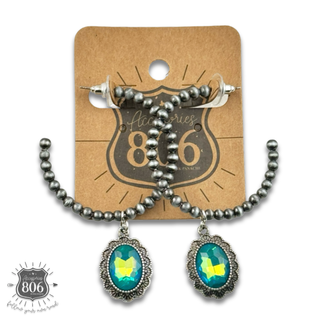 Navajo style bead hoop earring, oval rhinestone charm