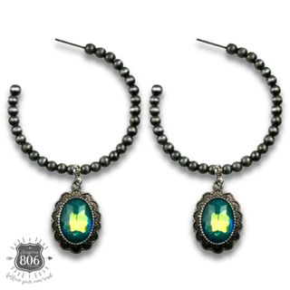 Navajo style bead hoop earring, oval rhinestone charm
