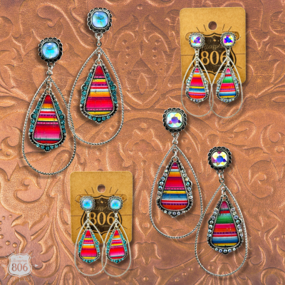 Western serape teardrop earring, square rhinestone post