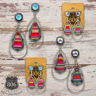 Western serape teardrop earring, square rhinestone post